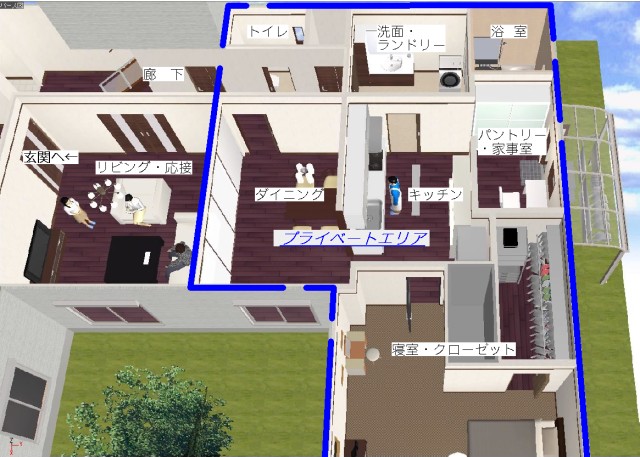 １Ｆダイニングキッチン・水回り・主寝室のプライバシーエリア(北九州市内施工事例)©八重洲技建